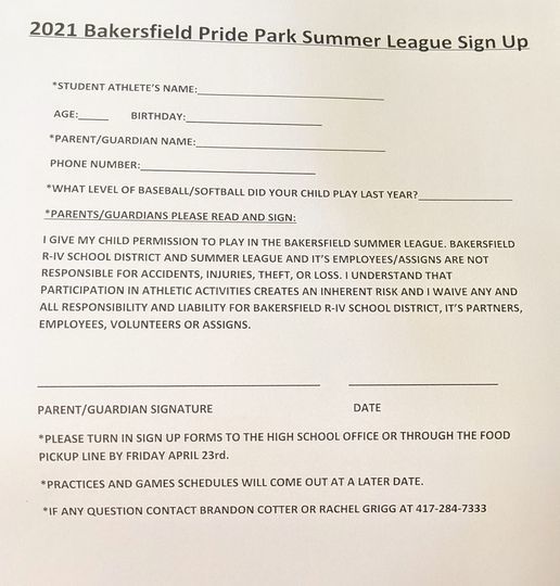 Summer League Sign UP form